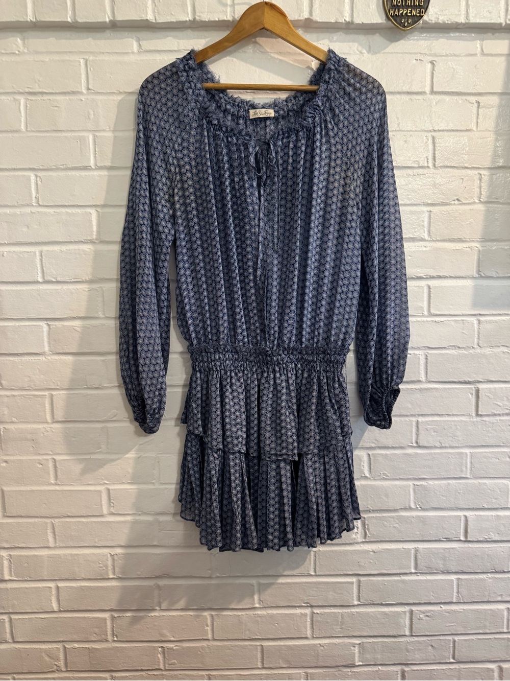 Love Shack Fancy smocked waist Women's Blue Patterned Tiered Long-Sleeve Dress